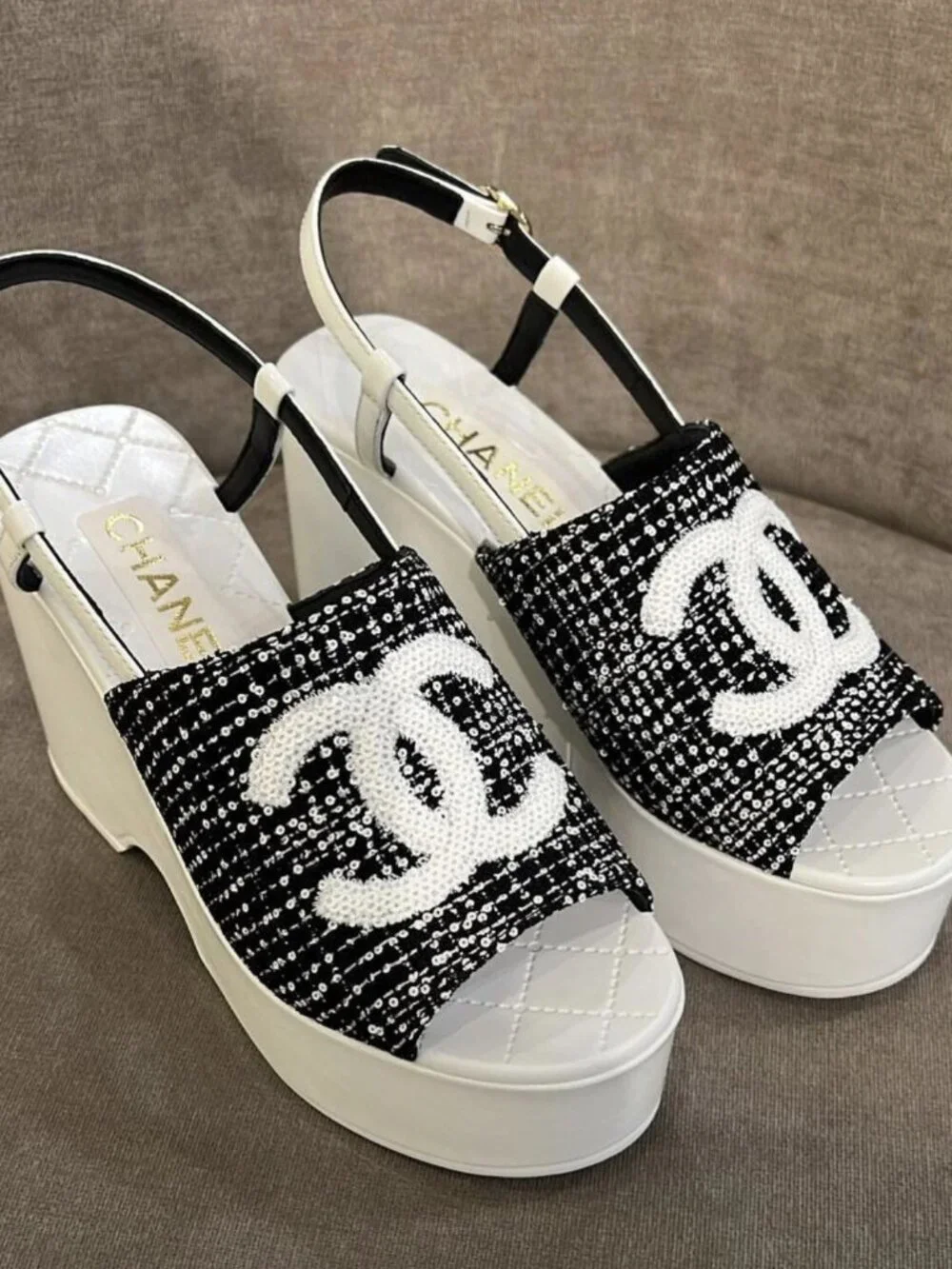 Chanel Tweed Logo Strap Wedge Heel Sandals,